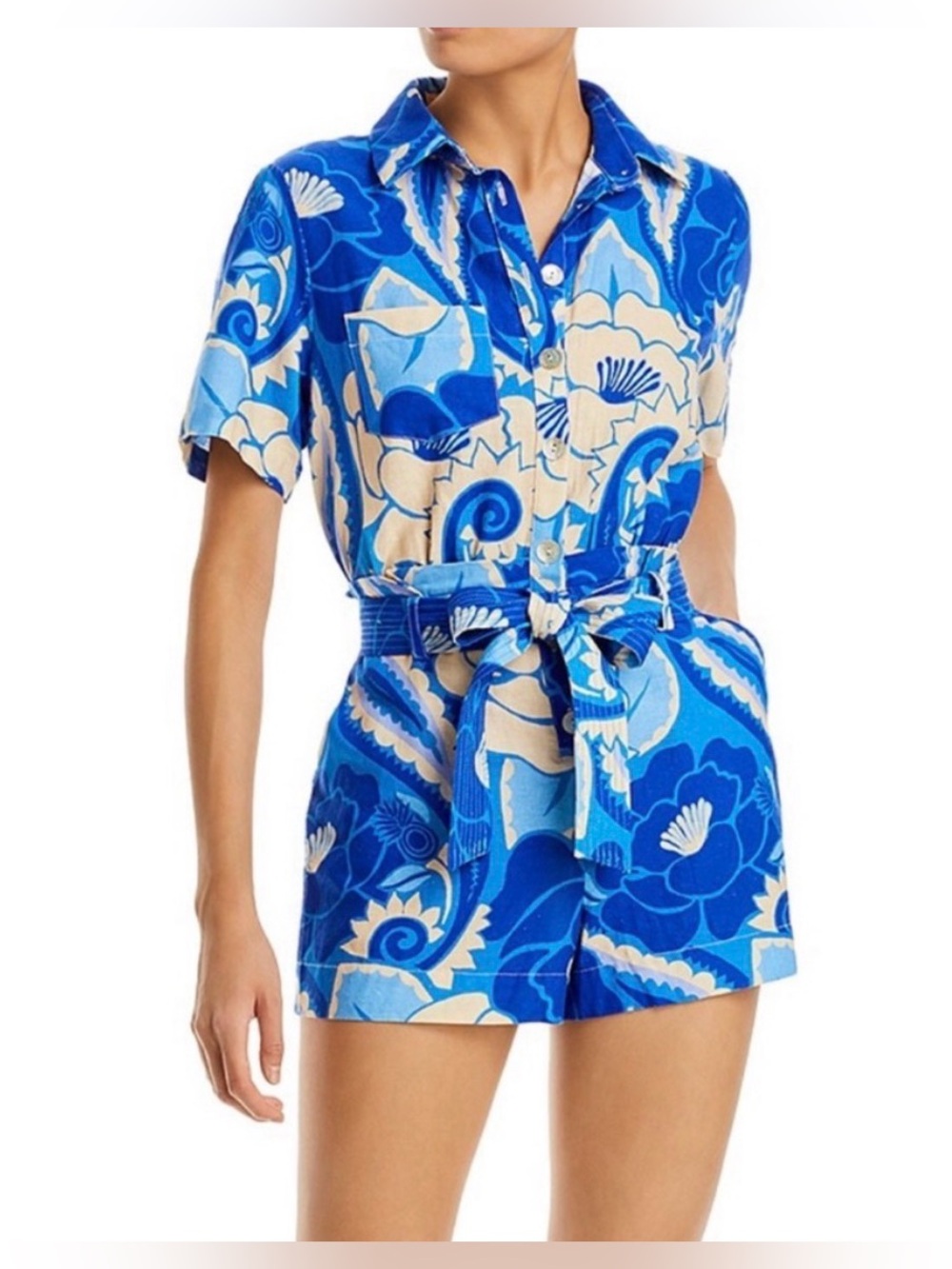 Farm Rio Tropical Groove Belted Romper Blue Floral Linen Blend Button Front sz S
